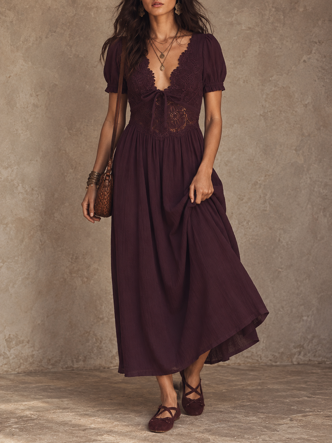 Burgundy Lace Trim Midi Dress