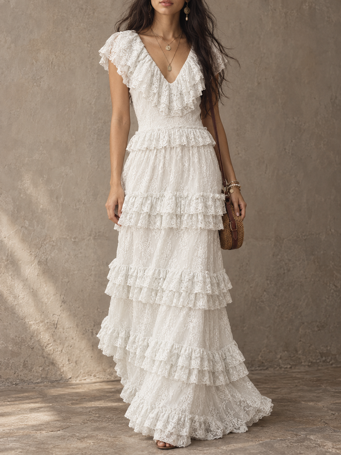 White Lace Ruffle Tiered Maxi Dress