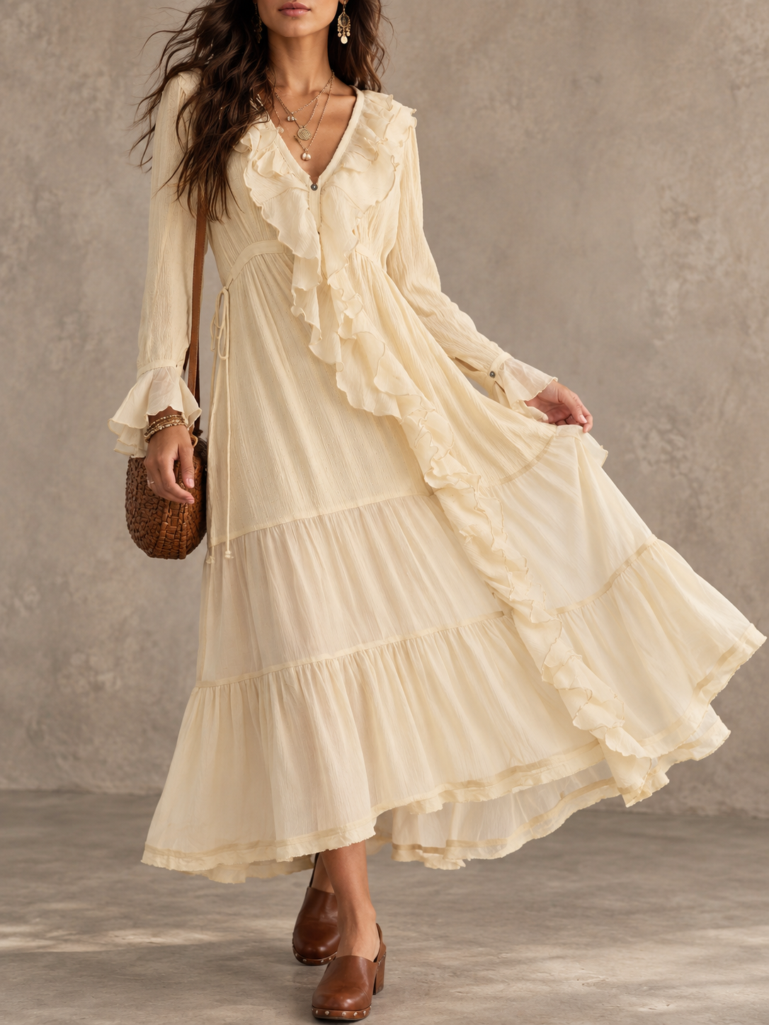Cream Ruffle Long Sleeve Midi Dress