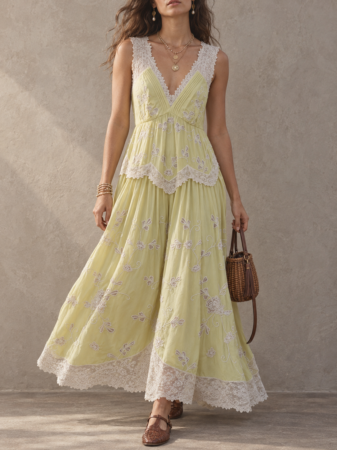 Sage Green Lace Trim Sleeveless Maxi Dress