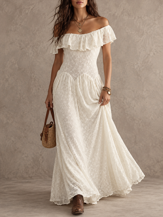 Cream Lace Trim Off Shoulder Midi Dress