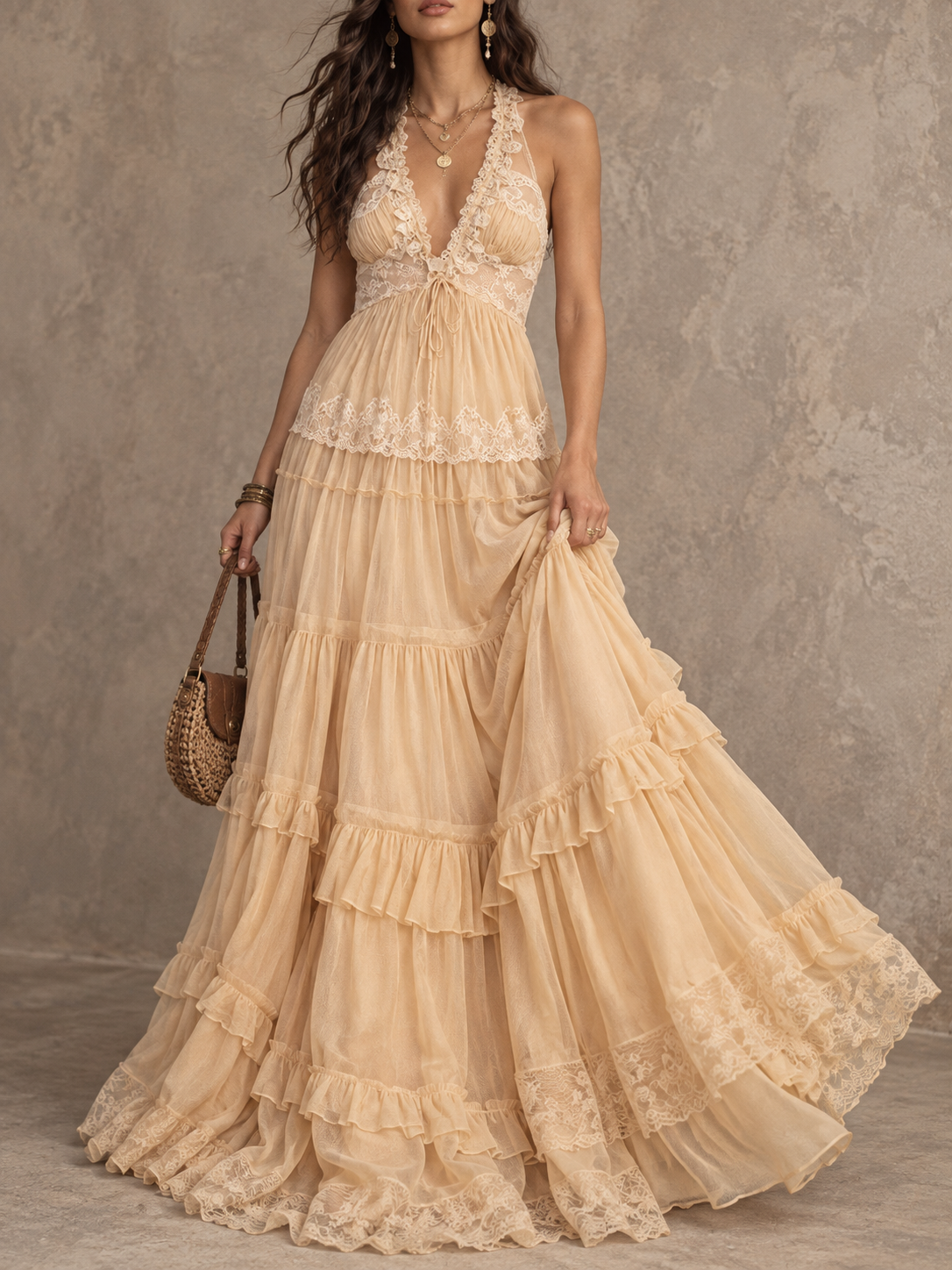 Beige Lace Trim Tiered Maxi Dress