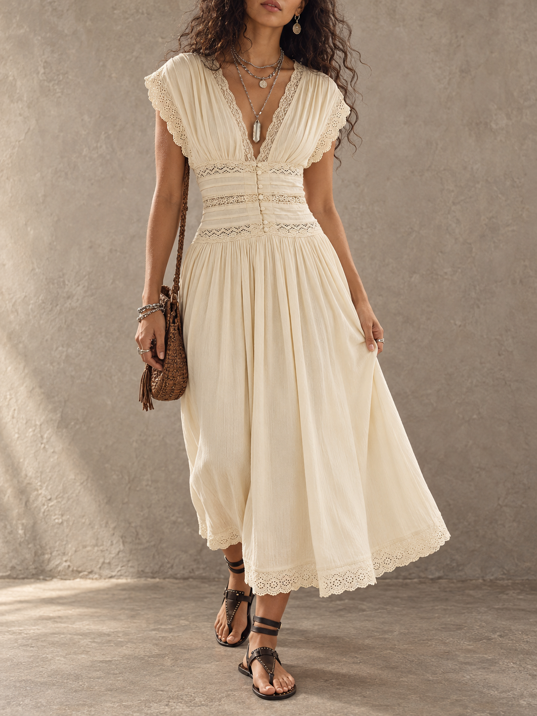 Cream Lace Waist Midi Dress