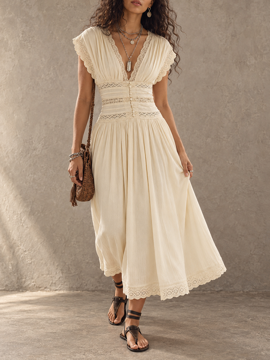 Cream Lace Waist Midi Dress