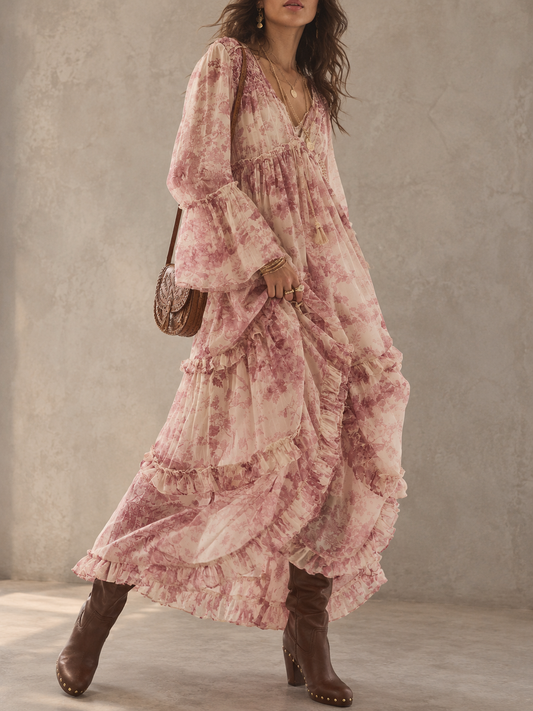 Pink Floral Print Ruffle Maxi Dress