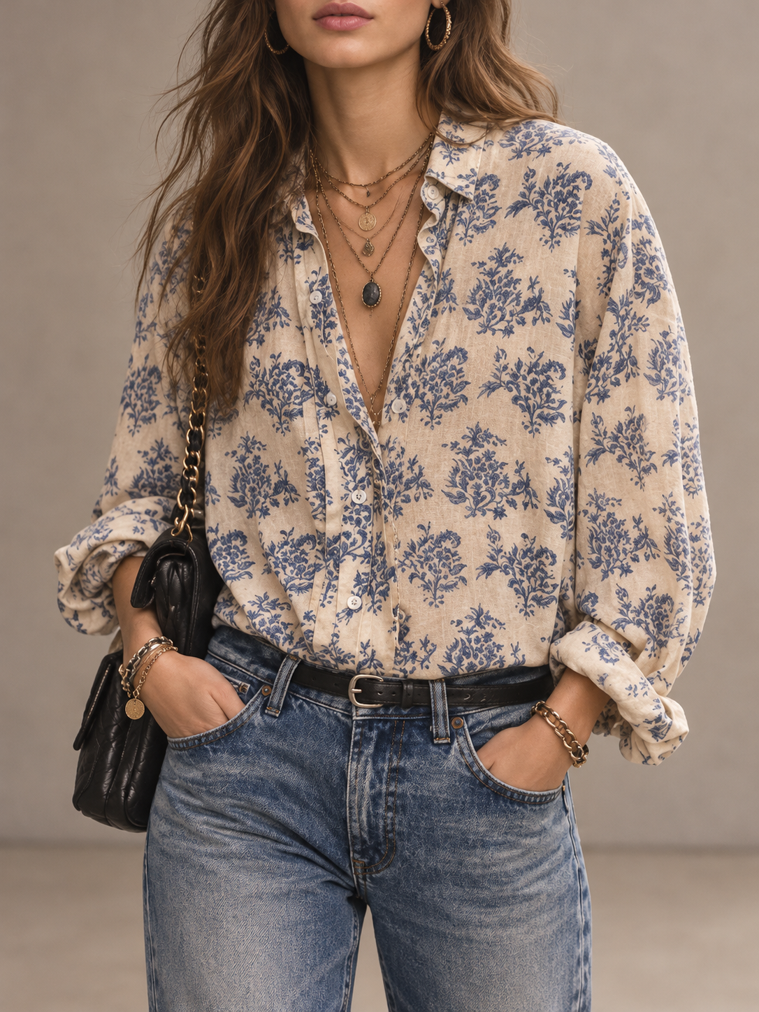 Cream Blue Floral Print Button Front Blouse