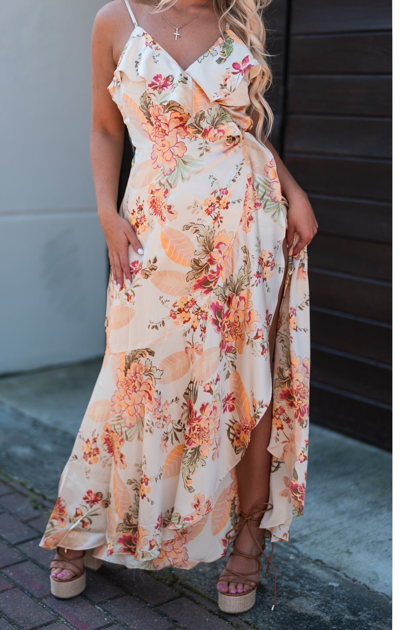 Golden Floral Wrap Dress