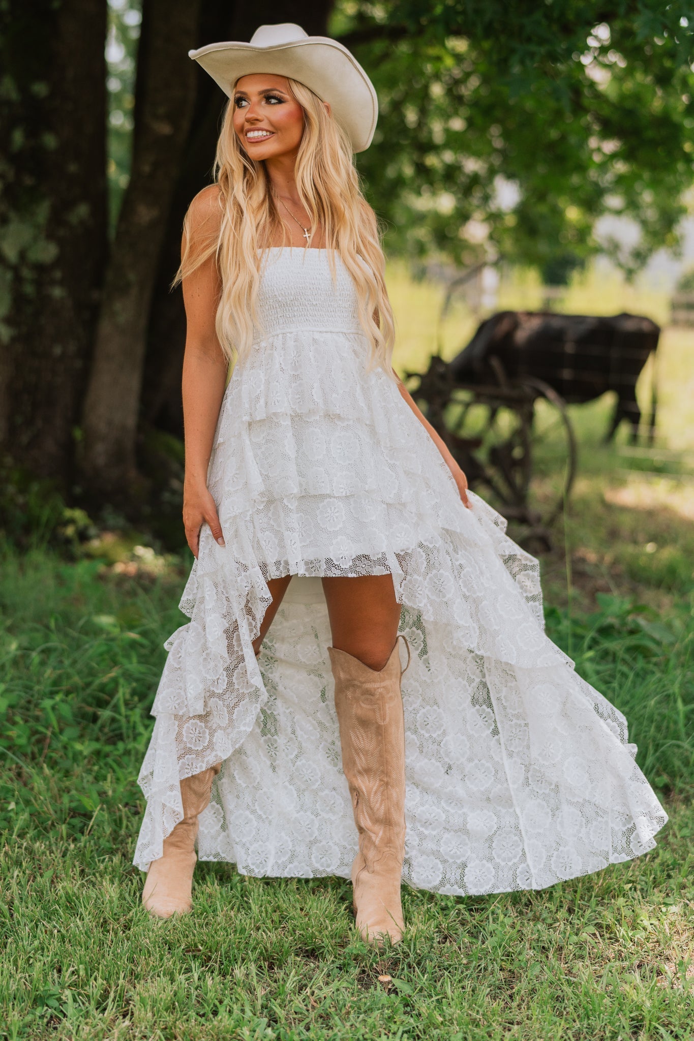 Floral Lace Ruffled High-Low Maxi Dress