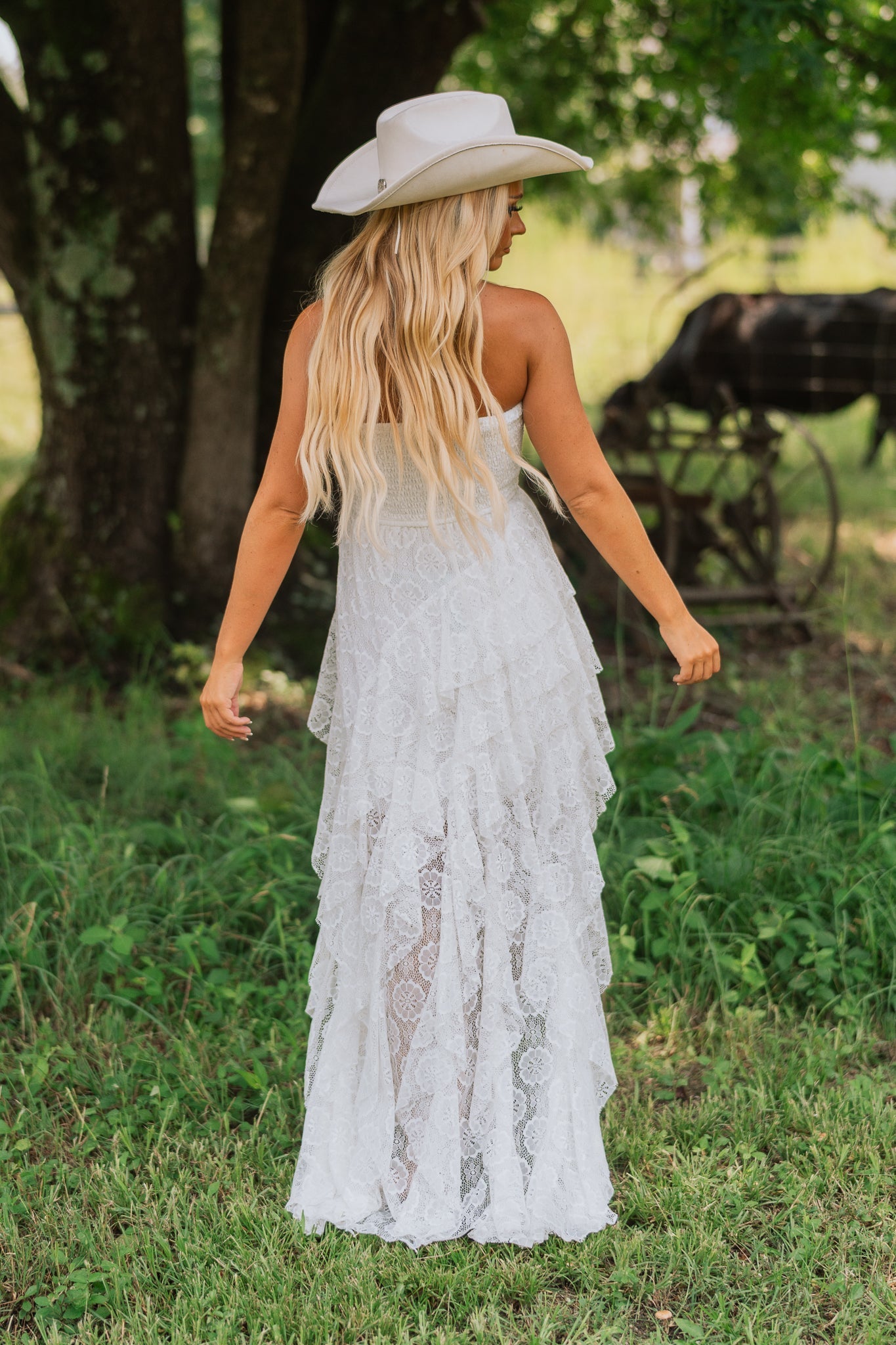 Floral Lace Ruffled High-Low Maxi Dress