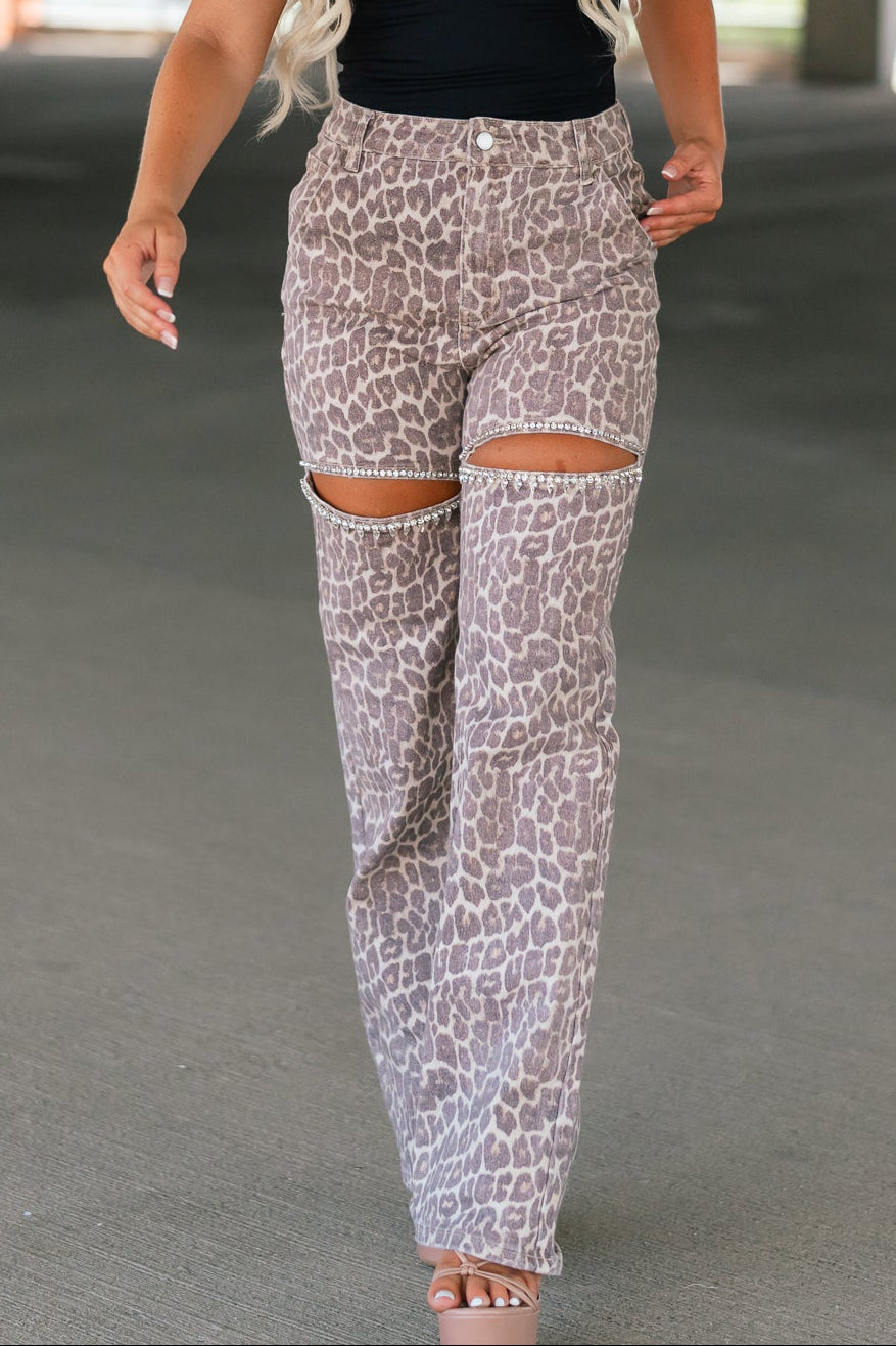 Washed Up Rhinestone Leopard Jeans