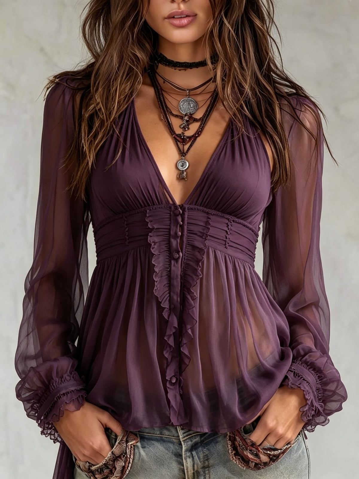 Deep Purple Sheer Deep V Ruffle Button Long Sleeve Boho Top
