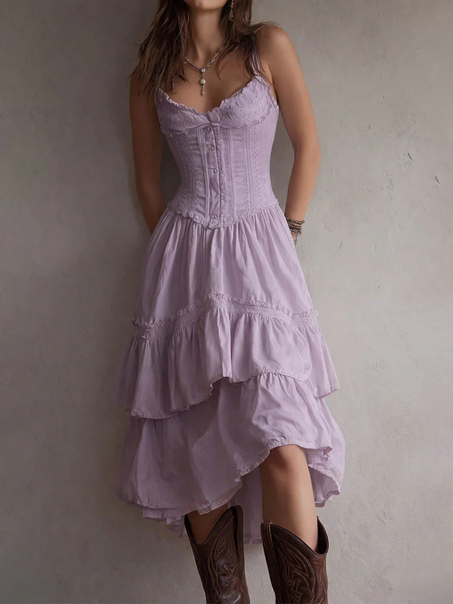 Retro Boho White Corset Tiered Midi Dress With Lace-Trim