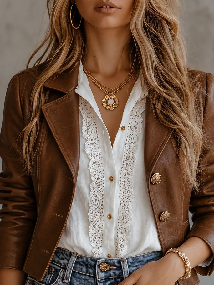 Leather-Look Buttoned Cropped Blazer