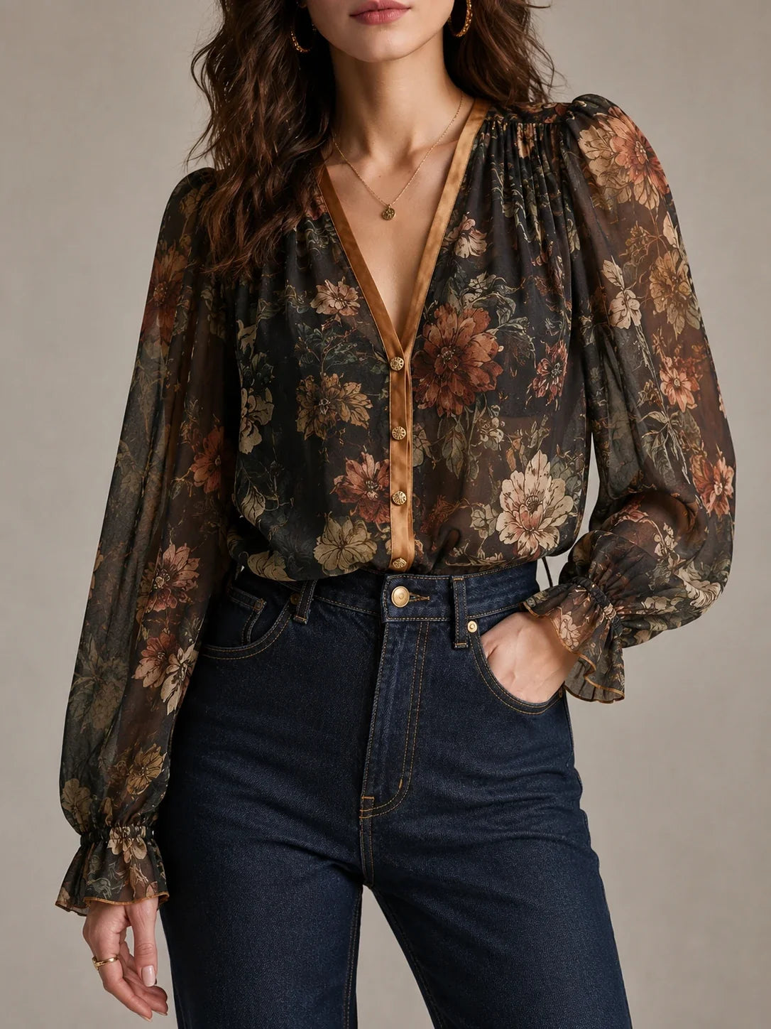 Dark Botanical Floral Sheer Bishop Sleeve Blouse