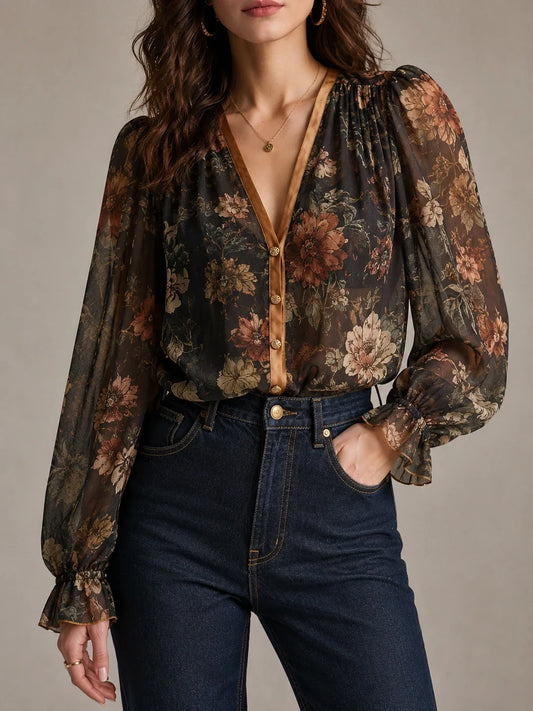 Dark Botanical Floral Sheer Bishop Sleeve Blouse