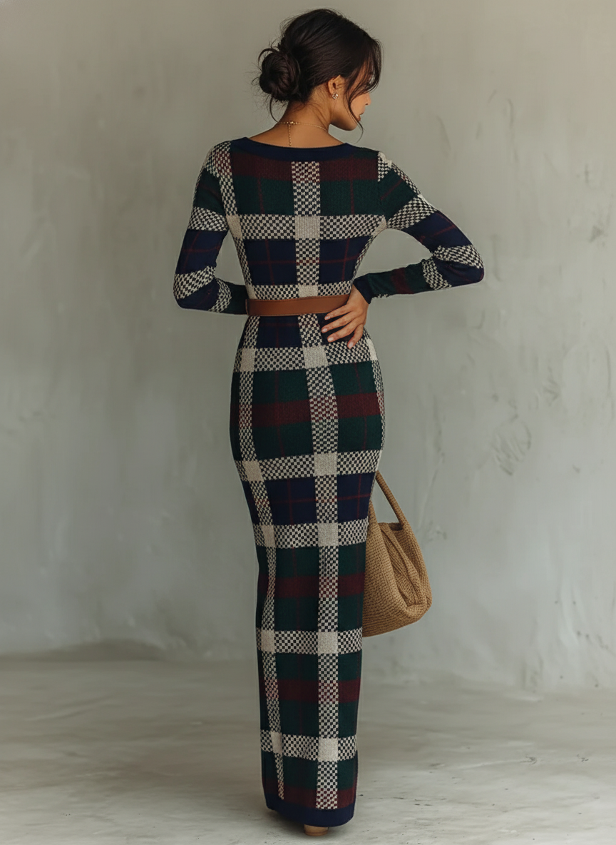 Women's Minimalist Check Knit Belted Square Neck Maxi Dress