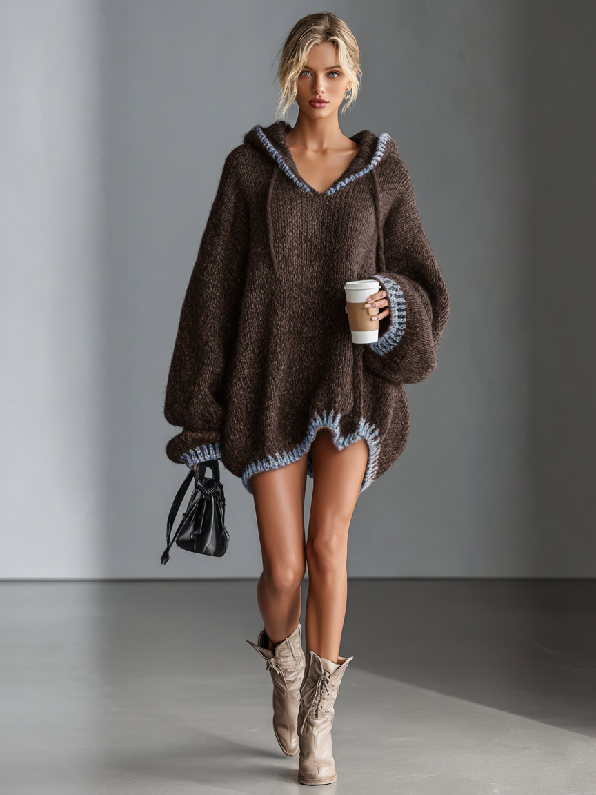 Women's Loose Hooded Pink Trimmed Knit Mini Dress