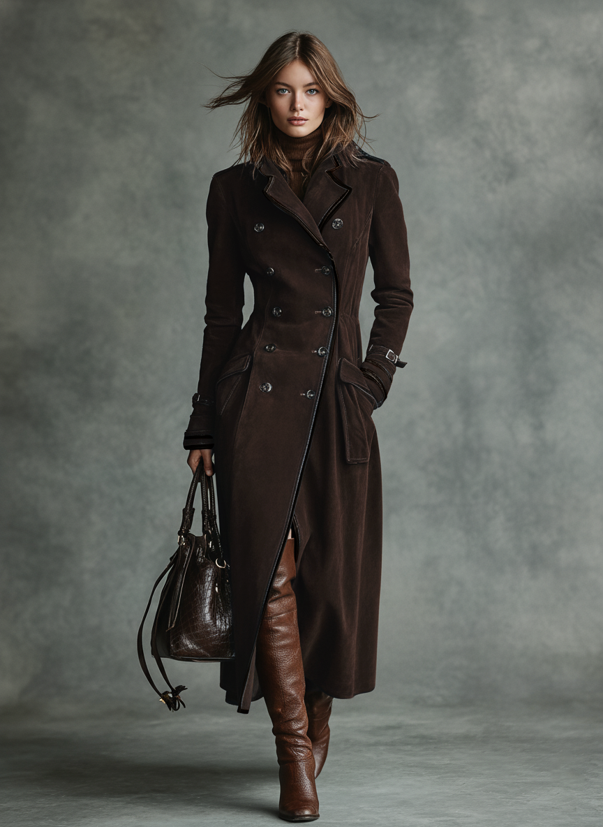 Women's Suede Trim Double-breasted Lapel Long Coat