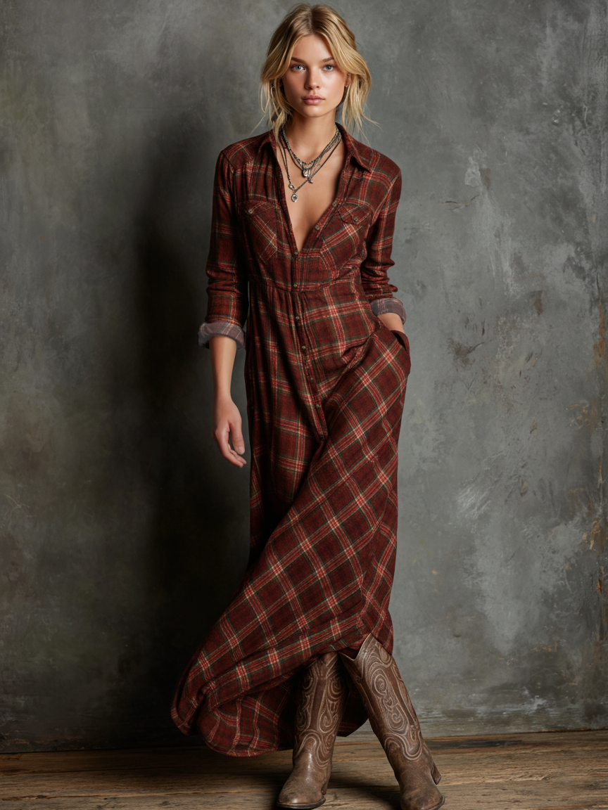 Women's Plaid Lapel Single-Breasted Shirt Maxi Dress
