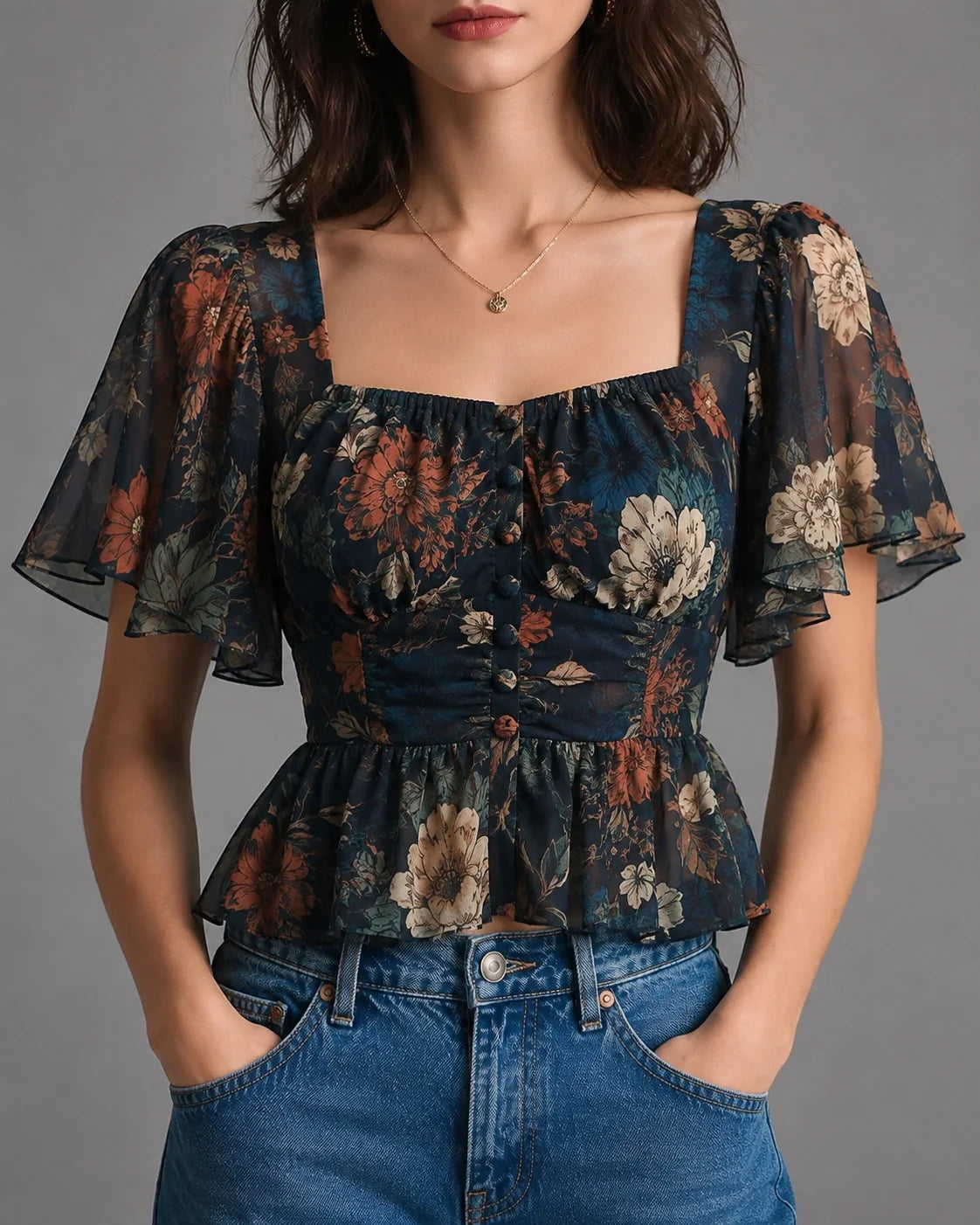 Dark Floral Chiffon Peplum Corset Top