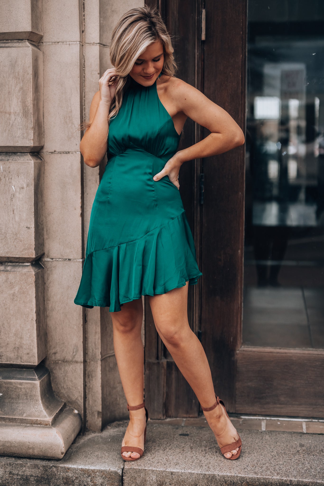 Under The Stars Halter Mini Dress (Forest Green)