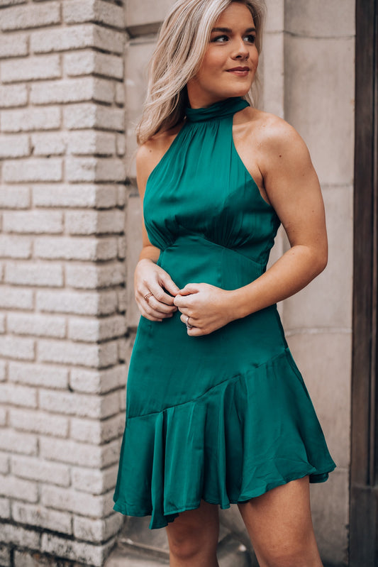 Under The Stars Halter Mini Dress (Forest Green)