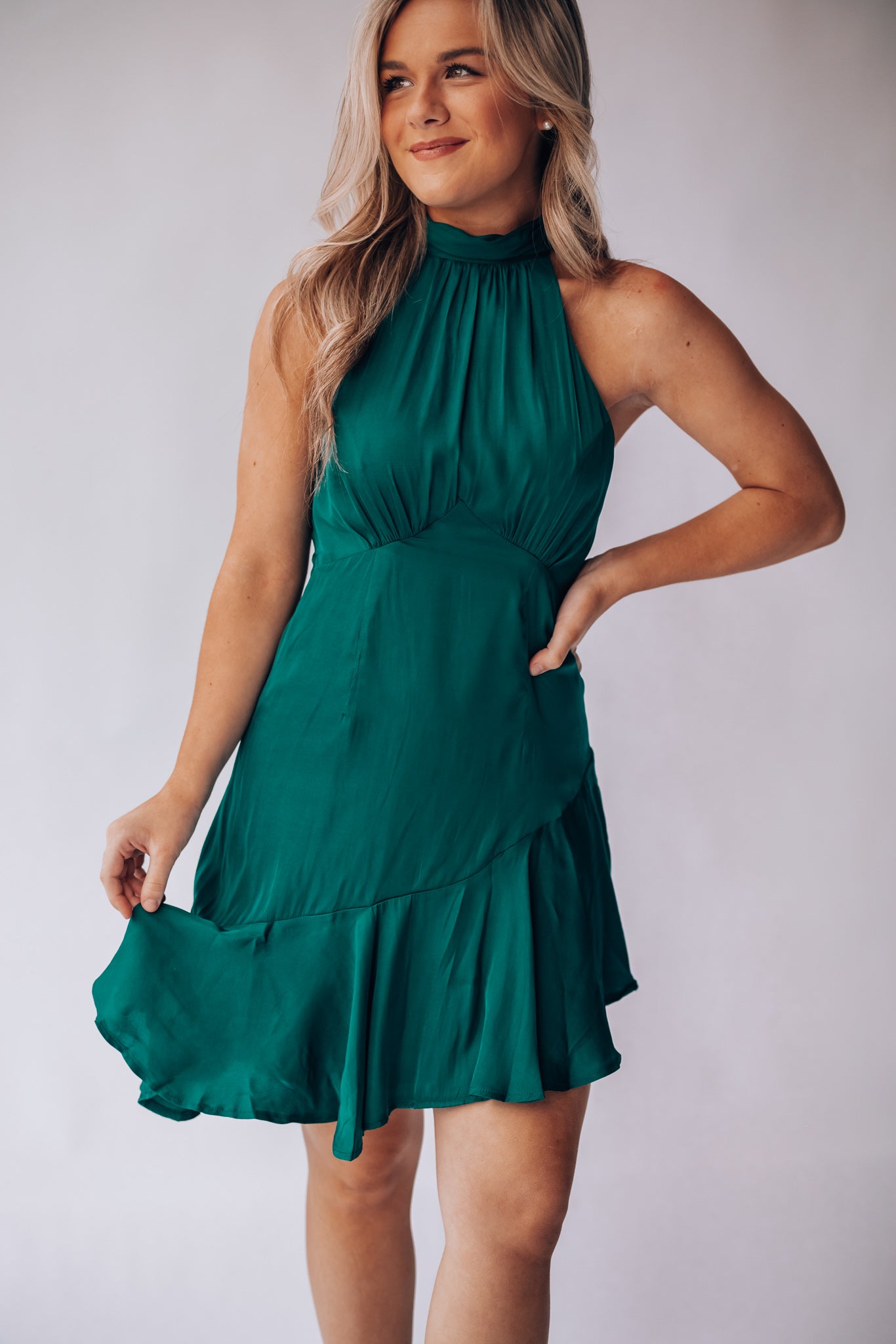Under The Stars Halter Mini Dress (Forest Green)