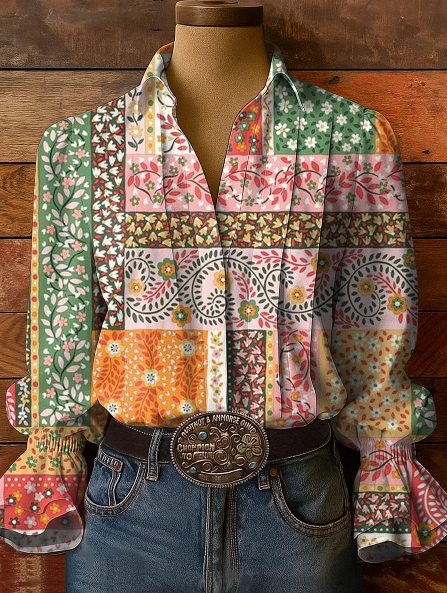 Women's Vintage Patchwork Floral Art Print Casual Long-Sleeve Shirt