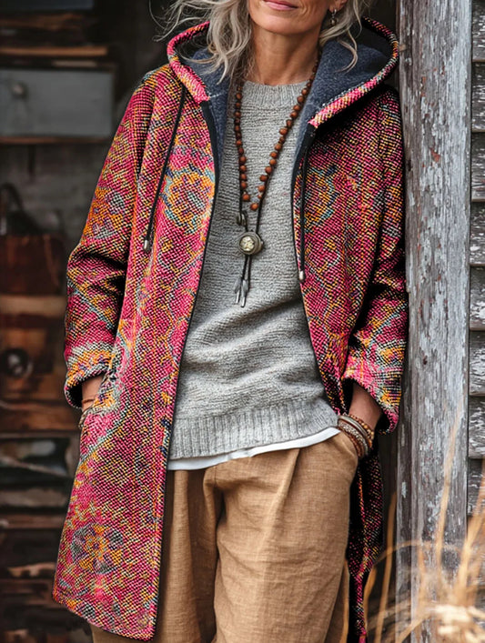 Unisex Vintage Ethnic Pattern Art Print Fleece-Lined Thickened Long-Sleeve Knit Cardigan Jacket