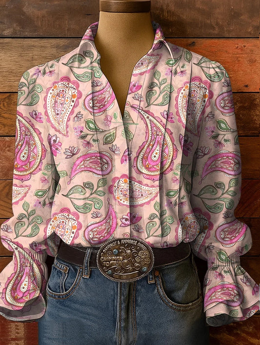 Vintage National Floral Paisley Art Print Casual Cotton And Linen Shirt