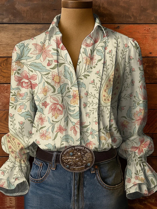 Women's Paisley Floral Art Pattern Print Casual Cotton And Linen Shirt