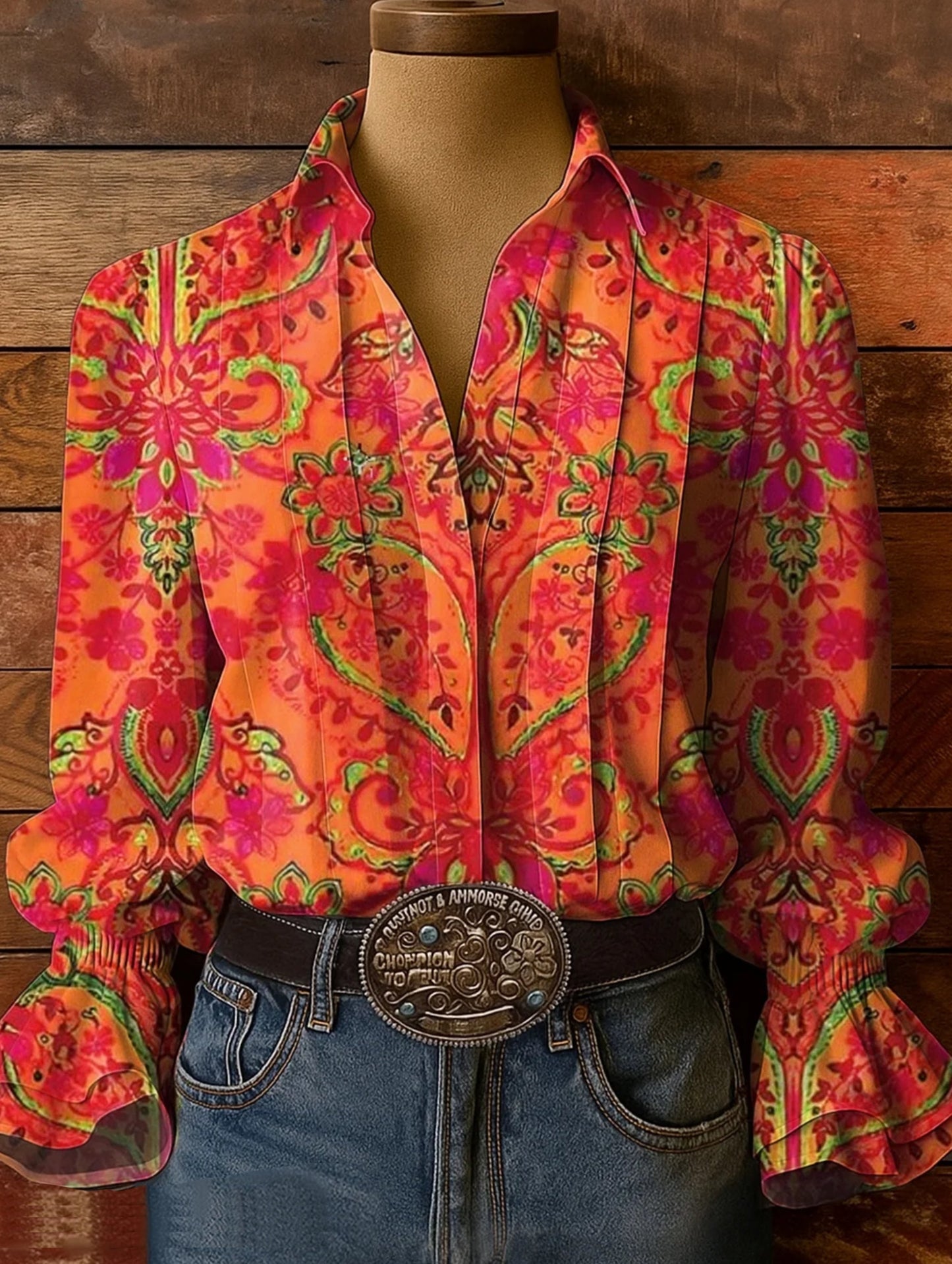 Women's Bohemian Floral Art Pattern Print Casual Cotton And Linen Shirt