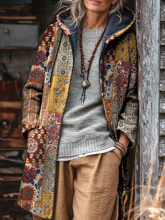 Unisex Ethnic Geometric Flowers Patchwork Plush Thick Long-Sleeved Sweater Cardigan Coat