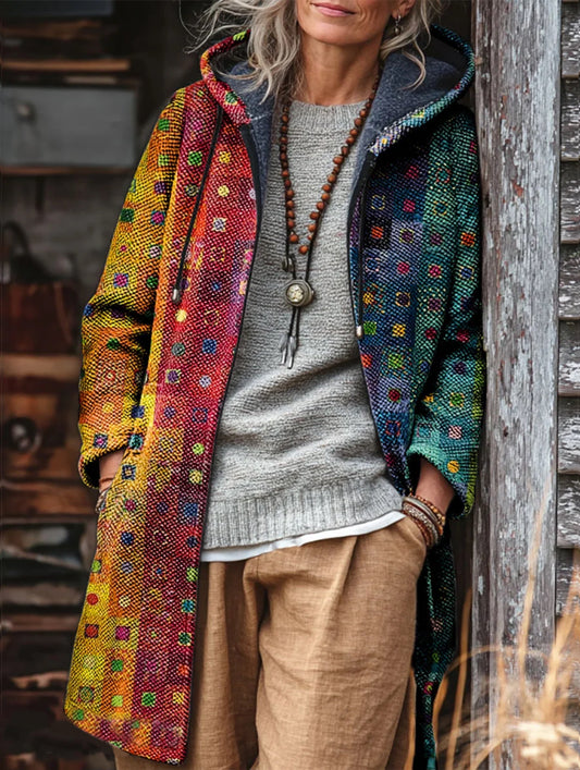 Unisex Ethnic Geometric Color Blocks Pattern Plush Thick Long-Sleeved Sweater Cardigan Coat