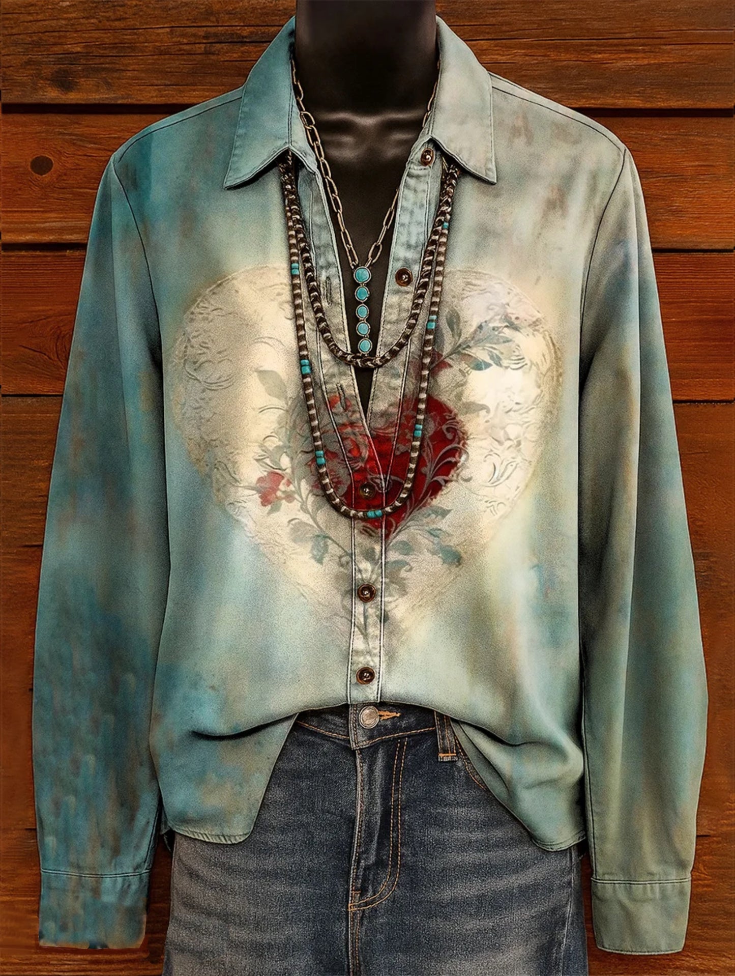 Women's Vintage Heart Pattern Art Print Casual Cotton Shirt