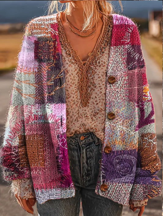 Women's Purple-Pink Patchwork Floral Art Print Casual Versatile Long-Sleeve Cardigan