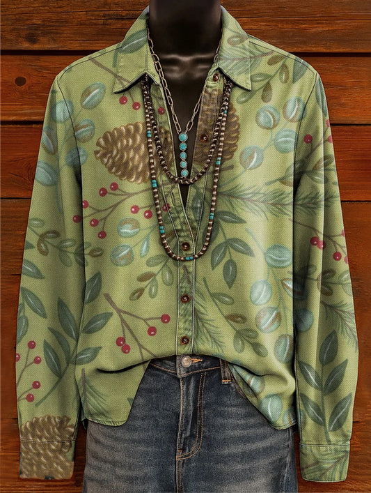Women's Fresh Floral Pinecone Art Print Casual Long-Sleeve Shirt