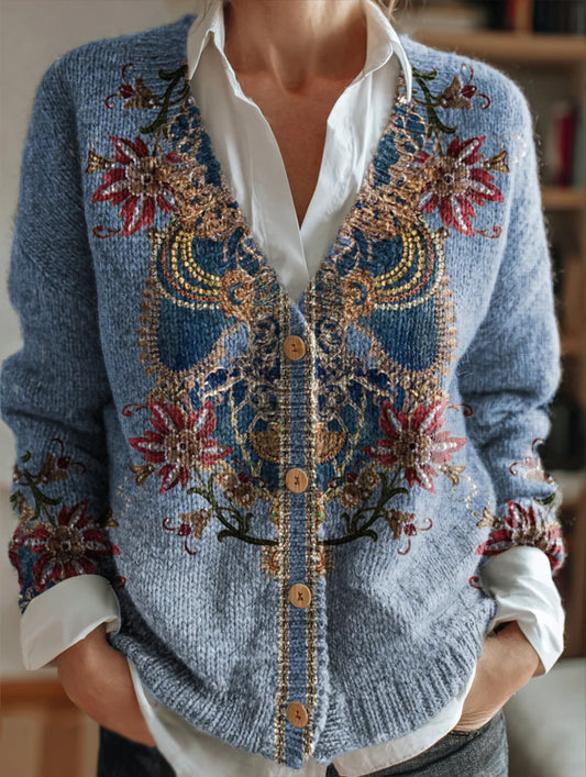 Women's Blue Fresh Bohemian Floral Art Print Casual Versatile V-Neck Cardigan