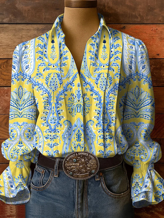 Vintage Ethnicity Paisley Floral PatternArt Print Casual Cotton And Linen Shirt