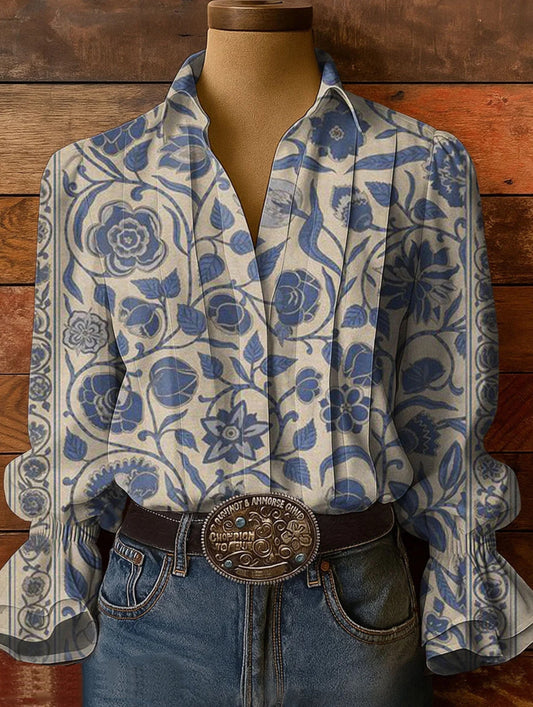 Women's Floral Art Print Casual Cotton-Linen Blend Shirt