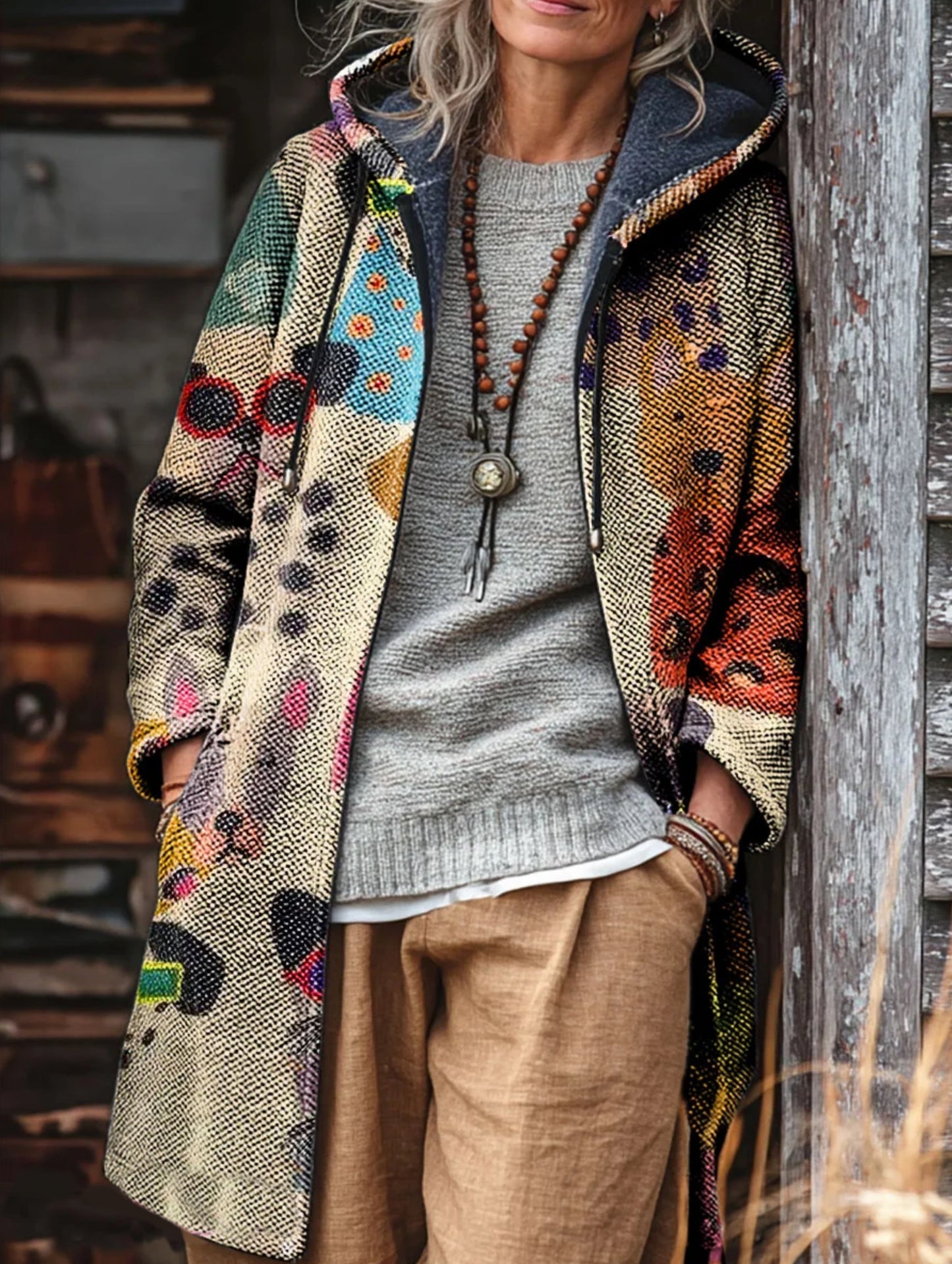 Unisex Dog-Print Artistic Artwork Fleece-Lined Thickened Long-Sleeve Knit Cardigan Jacket