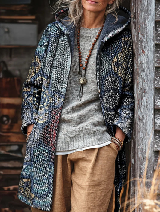 Unisex Vintage Bohemian Floral Art Print Casual Fleece Long Coat