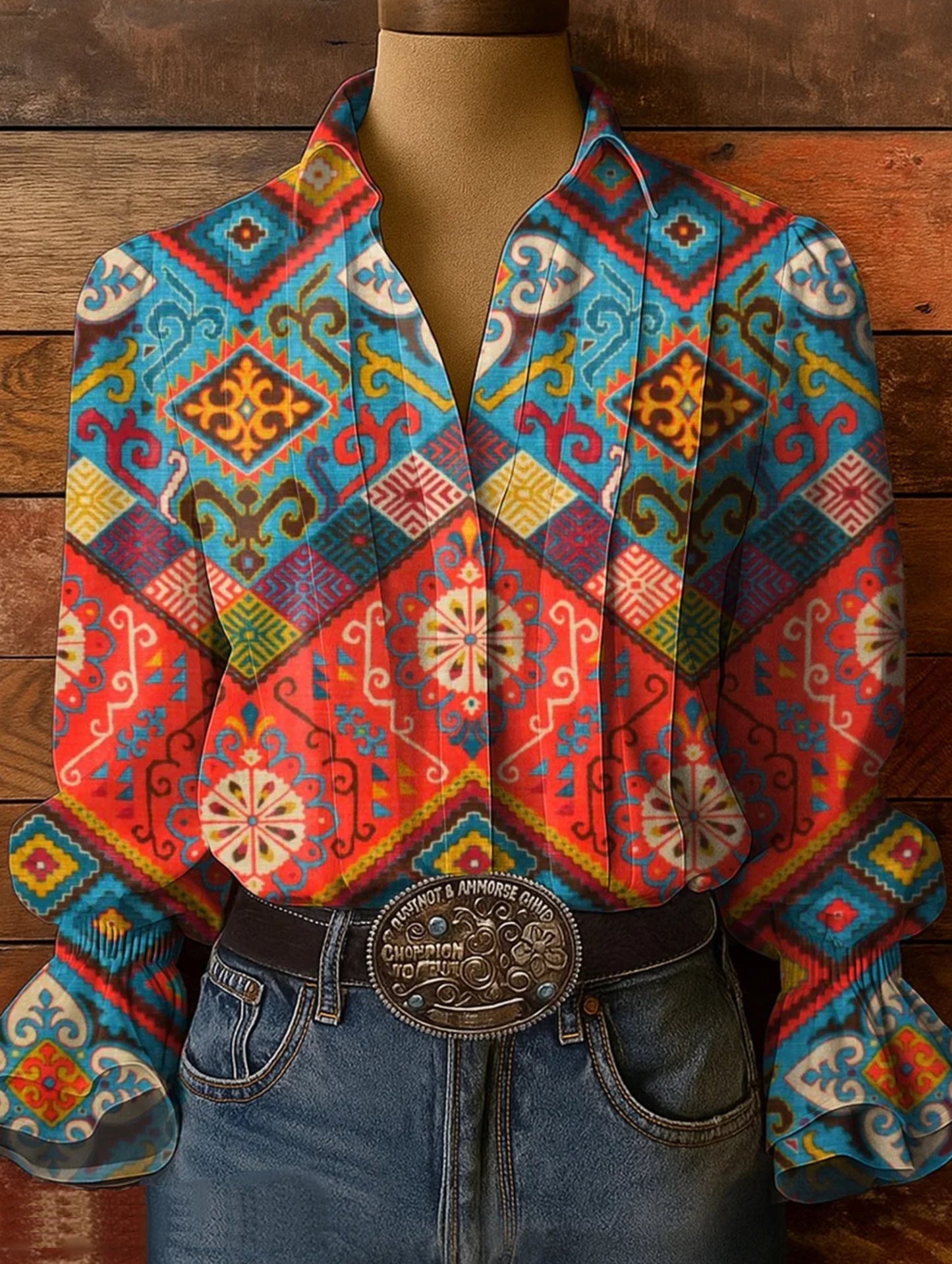 Women's Vintage Patchwork Bohemian Floral Art Print Casual Long-Sleeve Shirt