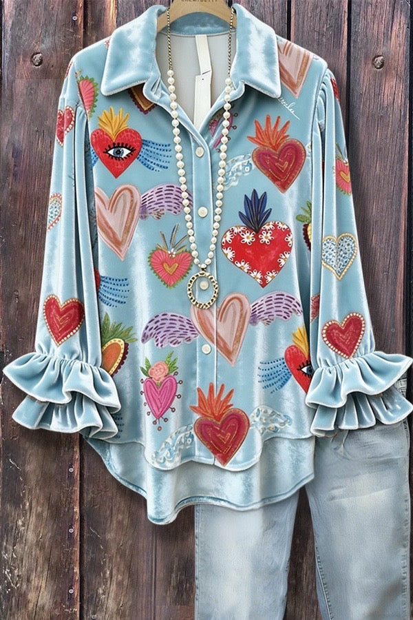 Colorful Art Heart Print Layered Ruffle Sleeve Shirt