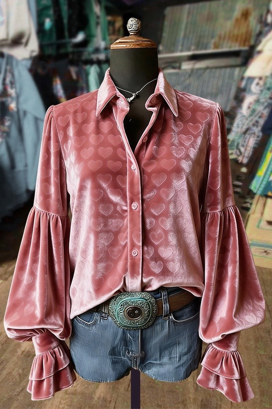 Sweet Jacquard Heart Balloon Sleeve Velvet Top