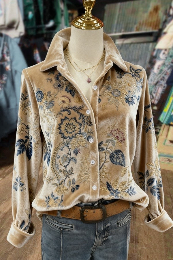 Retro Floral Print Button Down Velvet Shirt