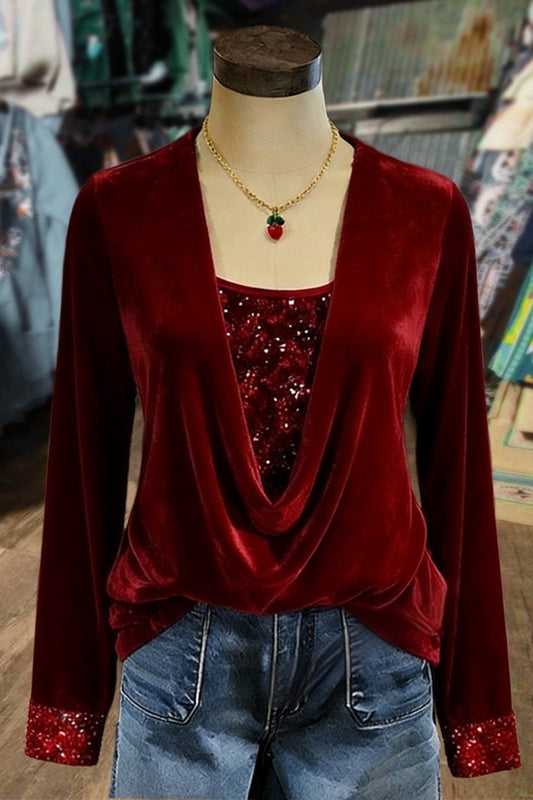 Solid Cowl Neck Sequin Patch Velvet Top