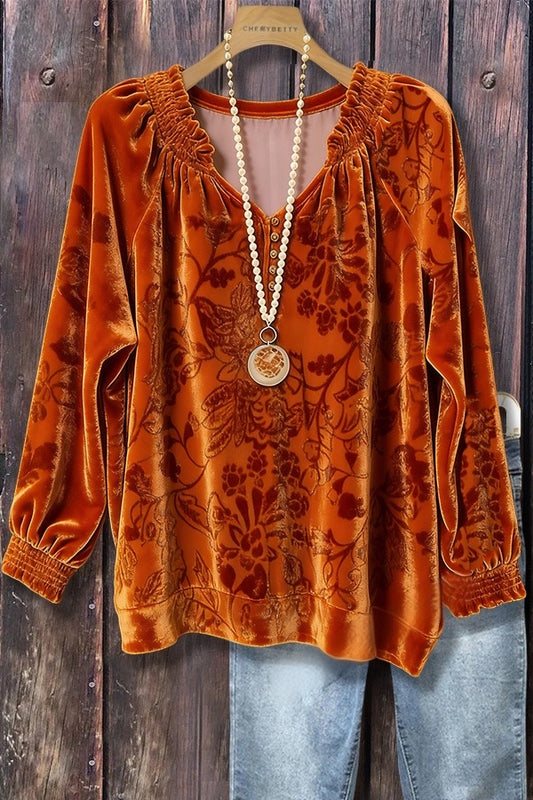 Vintage Jacquard Flower Long Sleeve Velvet V-Neck Top