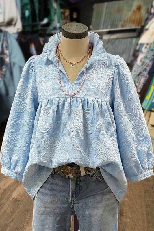 Elegant Textured Flower Ruffle Neck Puff Sleeve Blouse