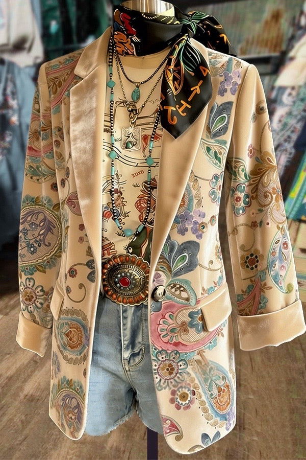 Retro Paisley Print Velvet Blazer